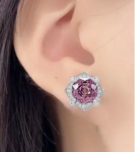 Octagonal Millennium Blooming Roses, Purple-Pink Moissanite Stud Earrings