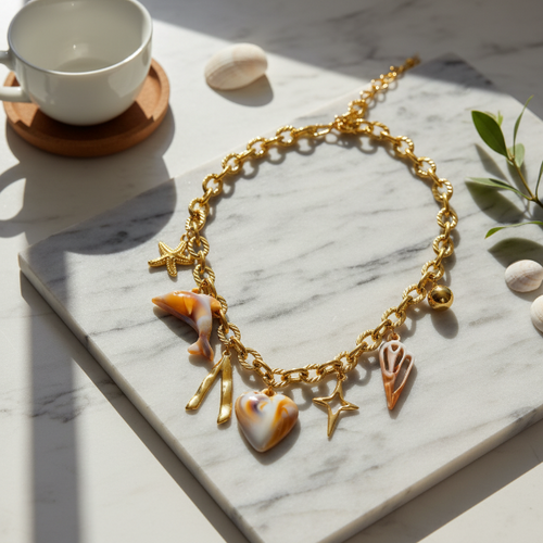 Gold charm necklace lifestyle shot