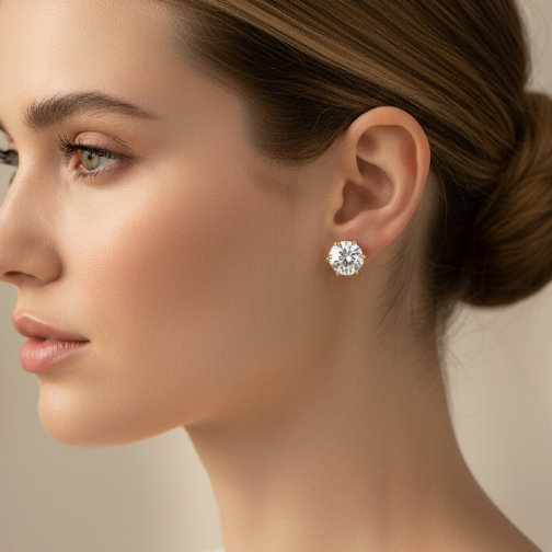 Model wearing gold diamond earrings - portrait