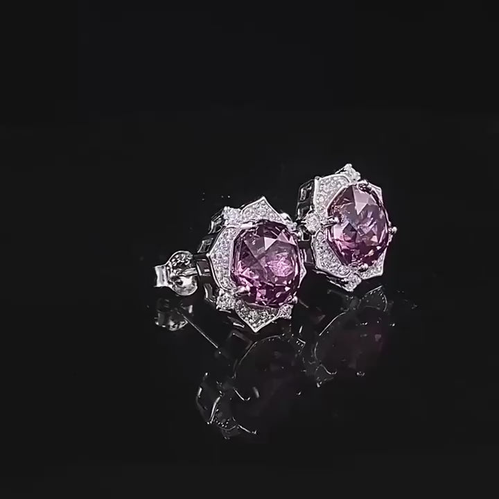 Octagonal Millennium Blooming Roses, Purple-Pink Moissanite Stud Earrings